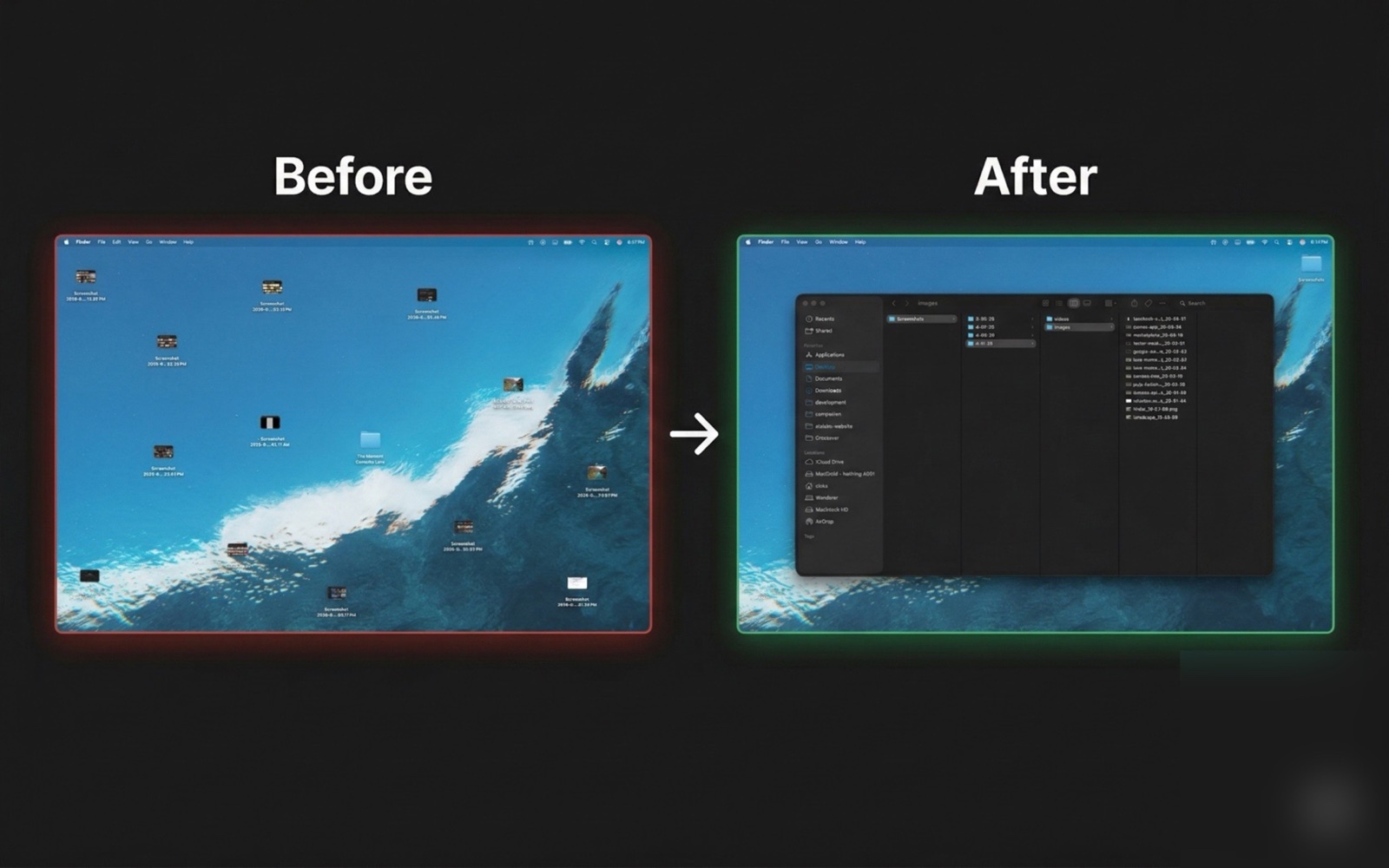 Before and after comparison: a Desktop cluttered with timestamped screenshots, then the same files auto-organized into a clean Finder view