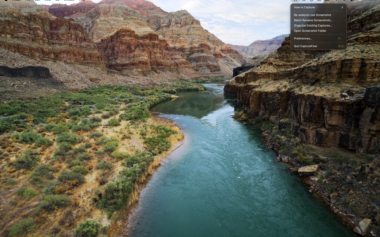 CaptureFlow menu bar dropdown showing How to Capture, Re-analyze Last Screenshot, Batch Rename, Organize Existing Captures, Open Screenshot Folder, Preferences, and Quit