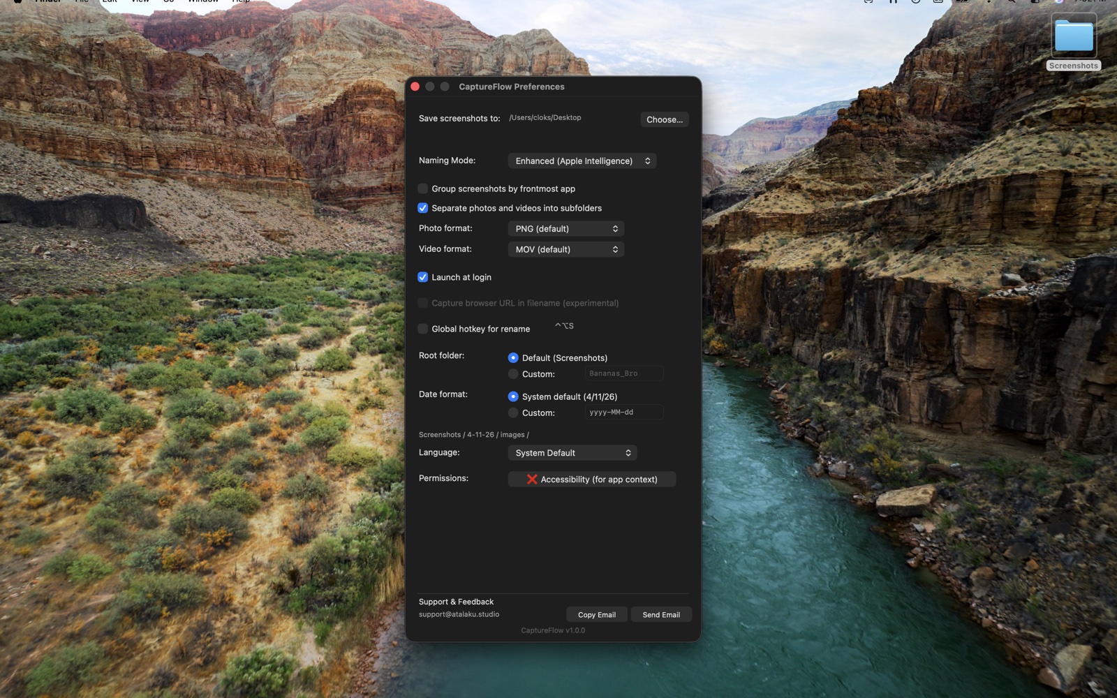 CaptureFlow Preferences with naming mode, photo and video formats, launch at login, root folder, date format, language, and Accessibility permissions