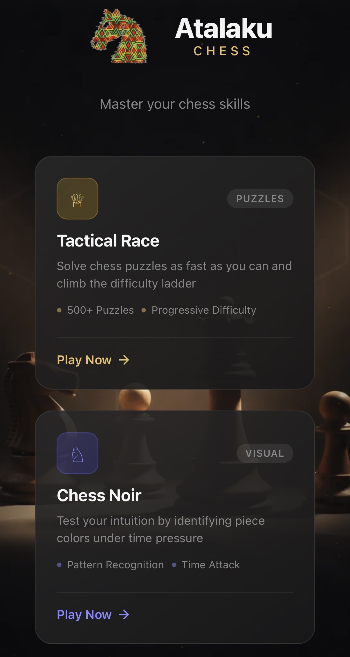 Atalaku Chess homepage with game mode selection