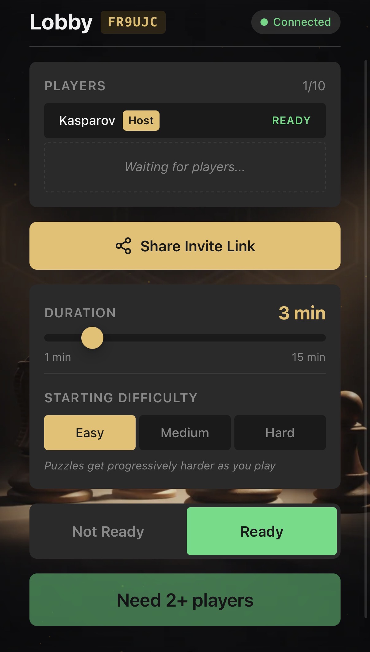 Multiplayer lobby with player list and settings
