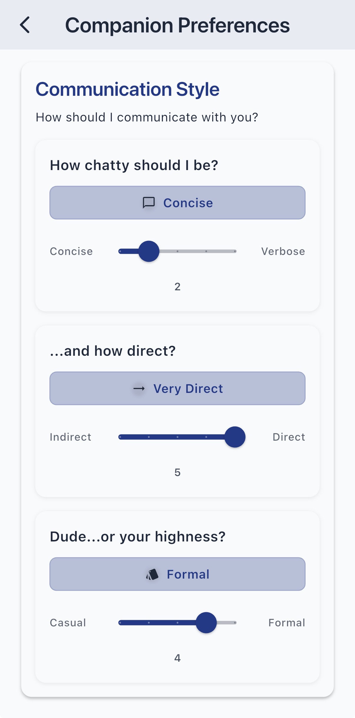 Companion communication style settings