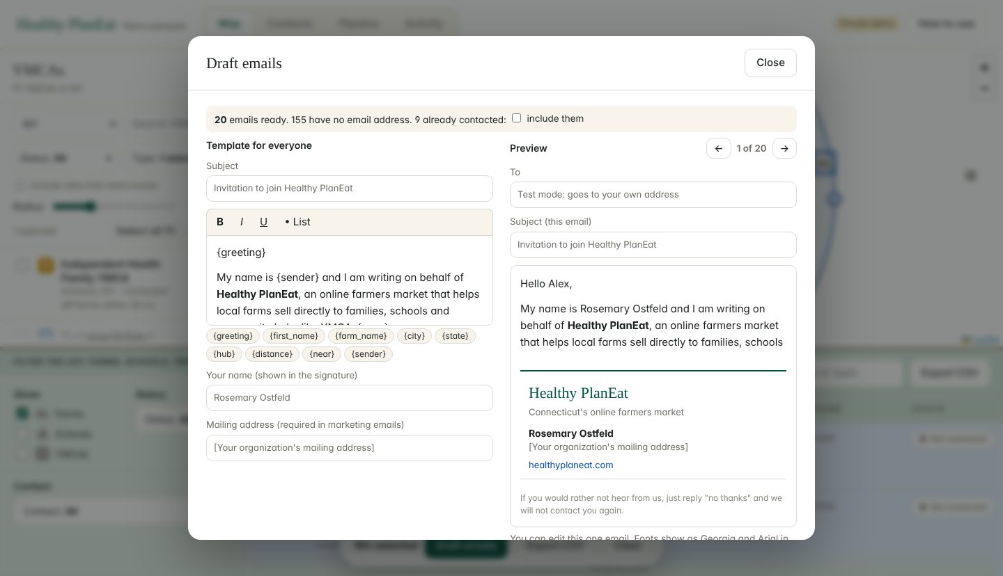 Draft emails window with a template editor, a preview and a Healthy PlanEat signature