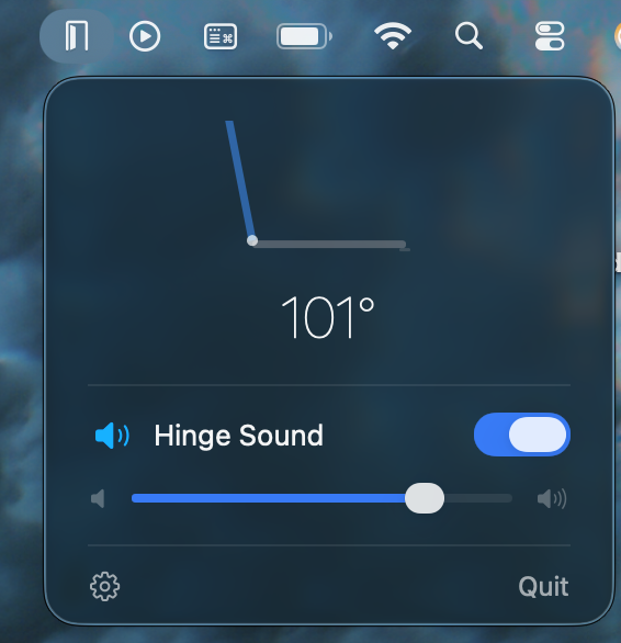 LidHello main view showing live lid angle at 101 degrees with hinge sound toggle and volume control