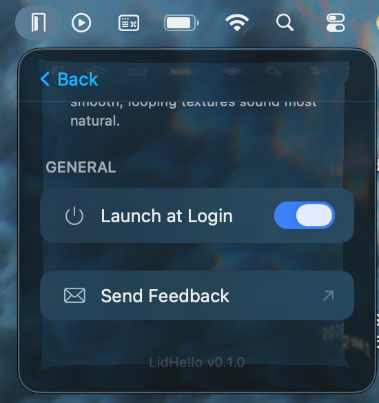 LidHello settings showing Launch at Login toggle and Send Feedback option