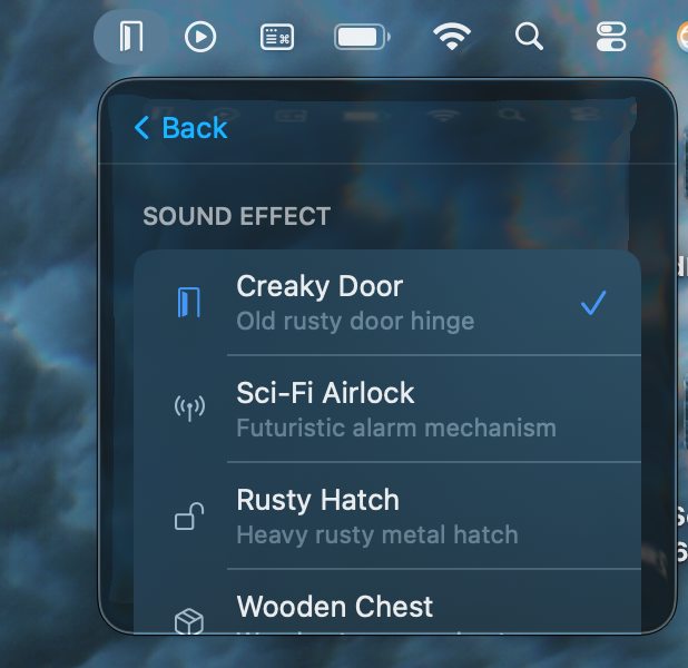 LidHello sound effect picker showing Creaky Door, Sci-Fi Airlock, Rusty Hatch, and Wooden Chest options