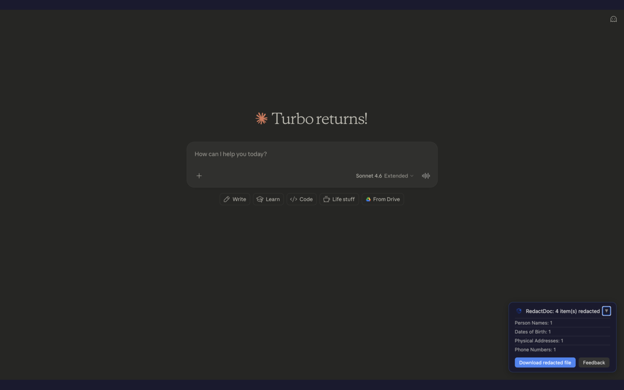 RedactDoc badge overlay on Claude.ai showing 4 PII items detected and redacted