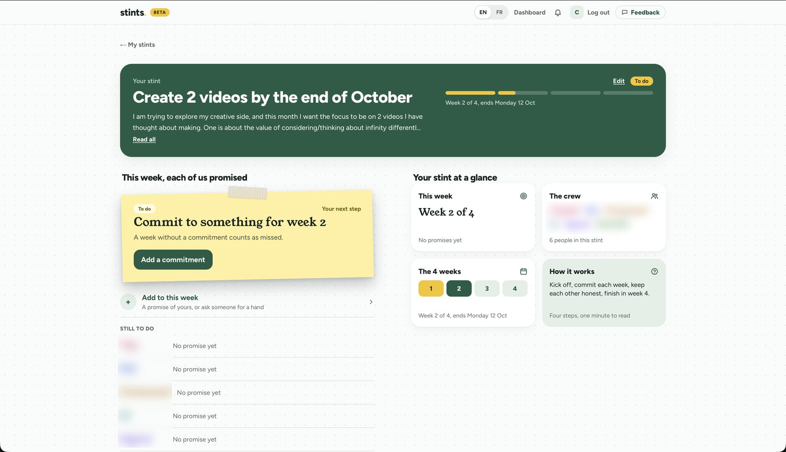 Stints dashboard showing the stint goal, the week 2 of 4 progress bar, this week's promises, the crew, and the four weeks