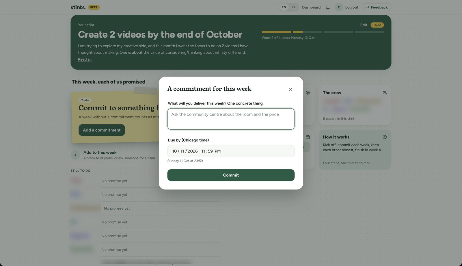 A commitment for this week dialog asking for one concrete deliverable and a due date